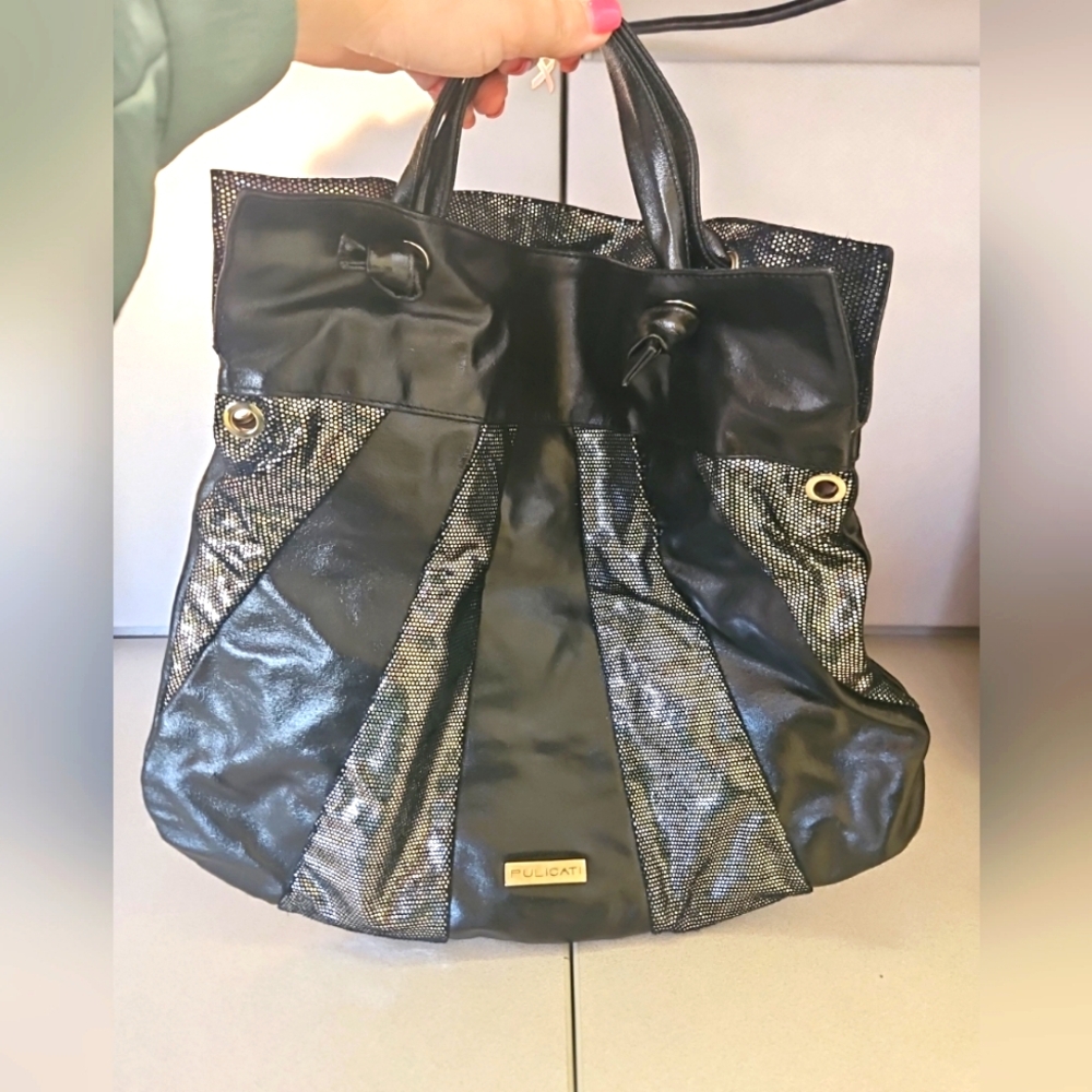 Pulicati Bag Italian Leather Handbag Purse Large Tote Black&Metallic Silver NICE